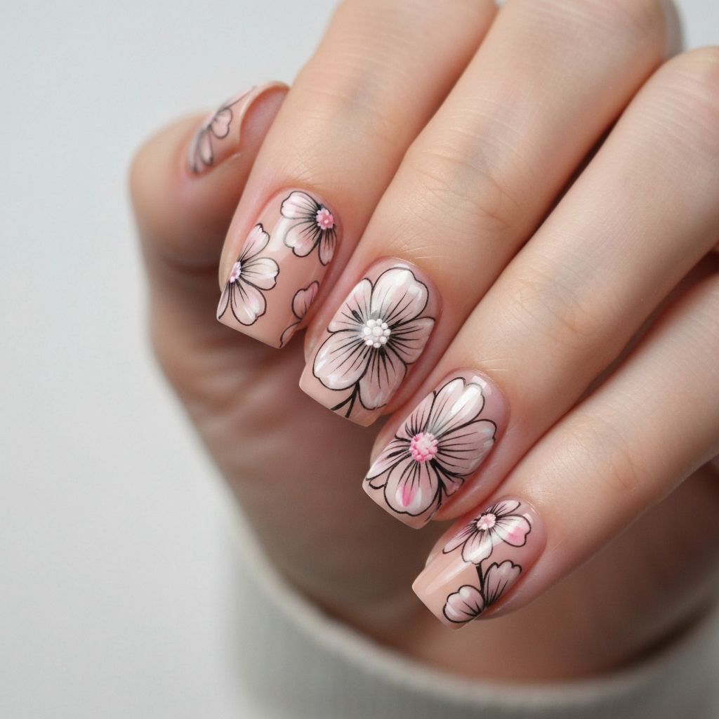 Nail art minimalista con diseño floral delicado 🌿